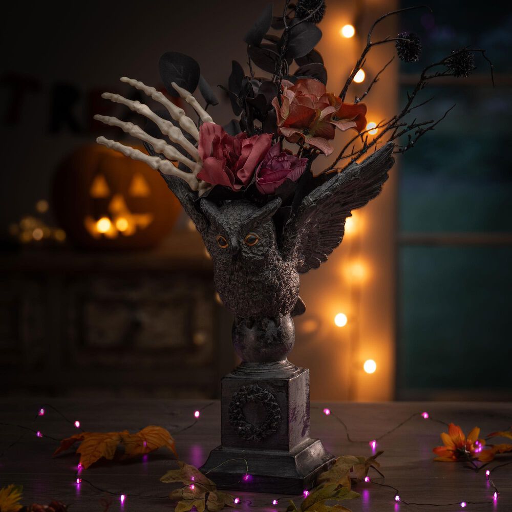 The Gerson Company 20&quot;H Resin Halloween Owl with Floral Arrangement in Black, , large