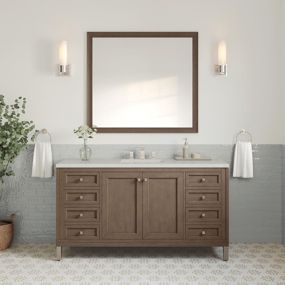 James Martin Vanities Chicago 60&quot; Single Bathroom Vanity in Whitewashed Walnut with 3 cm Lime Delight Quartz Top and Rectangular Sink, , large