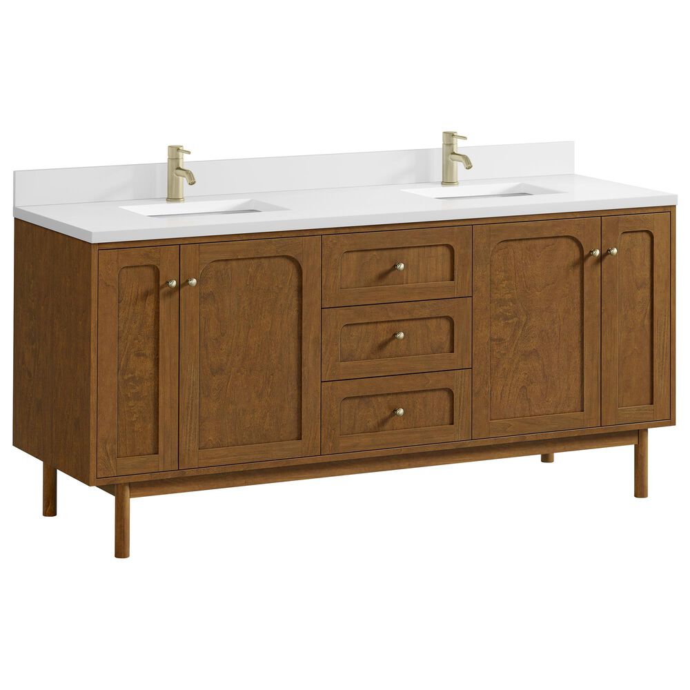 James Martin Laurent 72" Double Bathroom Vanity in Honey Oak with Single Hole 3 cm White Zeus Silestone Top and Rectangular Sinks, , large