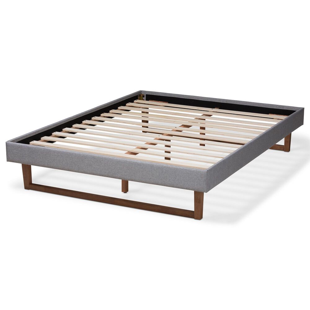 Baxton Studio Liliya Full Platform Bed Frame with Light Grey Upholstered in Walnut Brown, , large