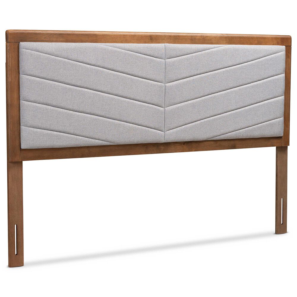 Baxton Studio Iden Queen Panel Headboard with Light Grey Fabric in Walnut Brown, , large