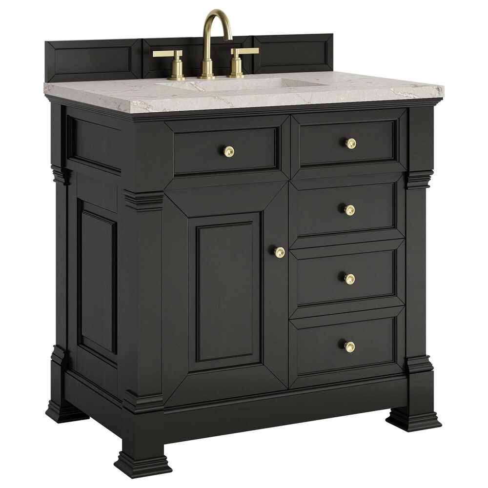 James Martin Vanities Brookfield 36" Single Bathroom Vanity in Black Onyx with 3 cm Victorian Silver Quartz Top and Rectangular Sink, , large