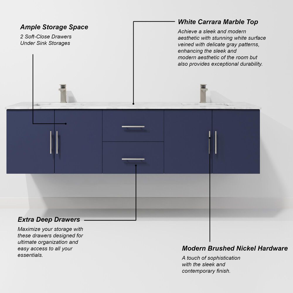 Lexora Home Geneva 72" Double Bathroom Vanity in Navy Blue with 2 cm White Carrara Marble Top and Rectangular Sinks, , large