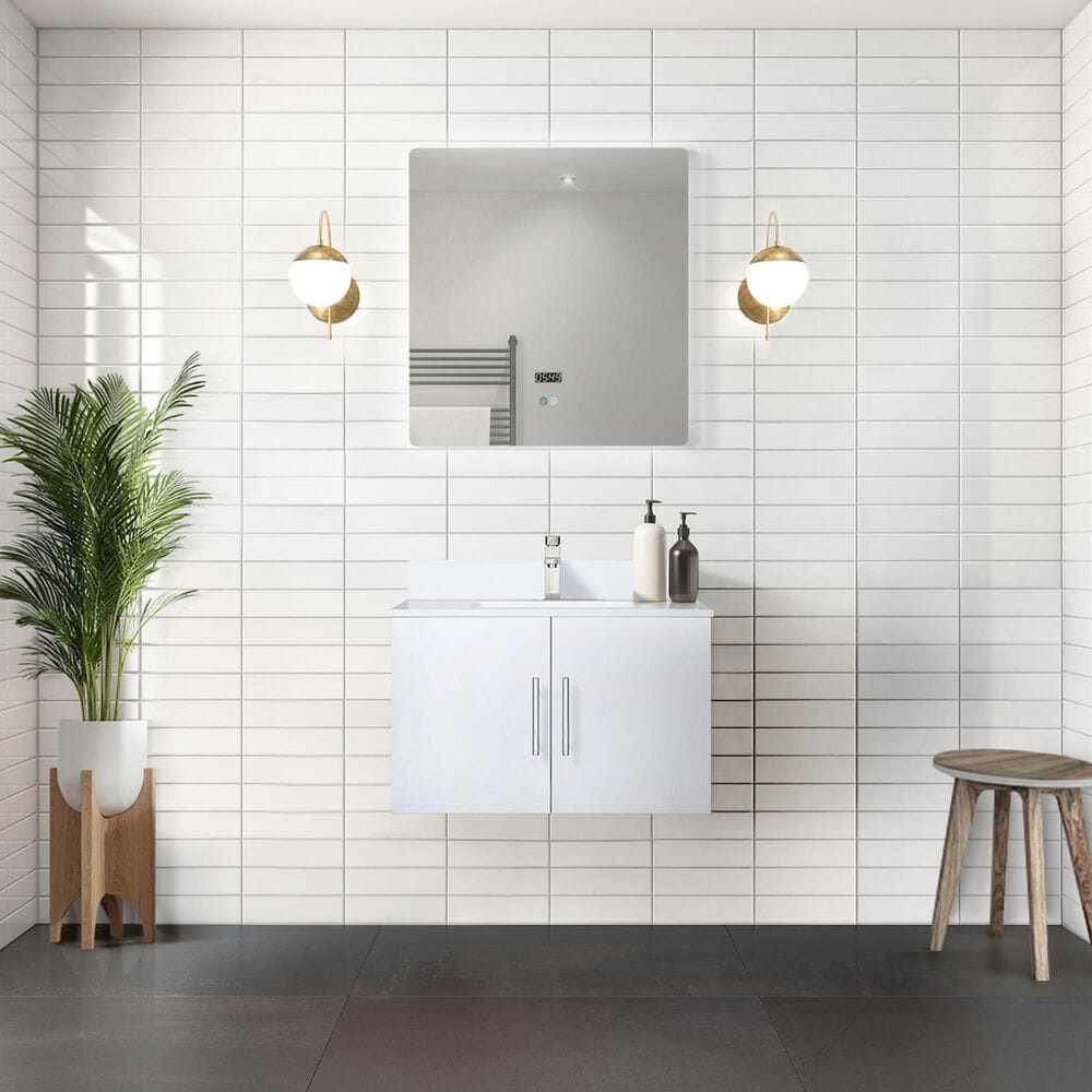 Lexora Home Geneva 30&quot; Single Bathroom Vanity in Glossy White with 2 cm White Cultured Marble Top and Rectangular Sink, , large