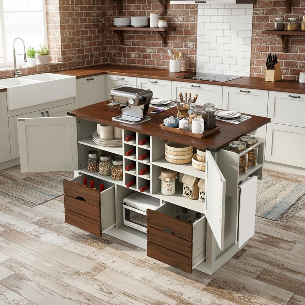HOMLUX 54" Kitchen Island with Drop Leaf in White, , large