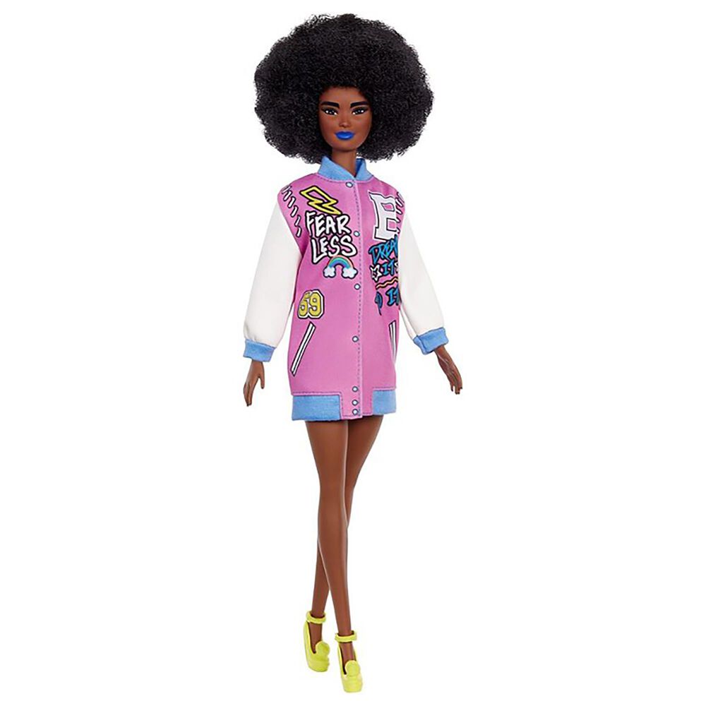 Barbie Fashionistas Doll with Brunette Afro and Blue Lips Wearing Graphic Coat Dress, , large
