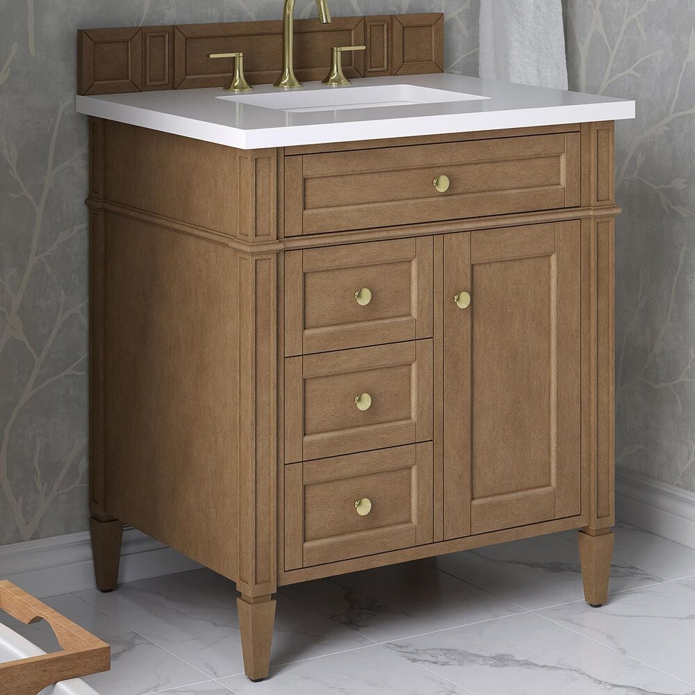James Martin Brittany 30" Single Bathroom Vanity in Pecan with 3 cm White Zeus Silestone Top and Rectangular Sink, , large