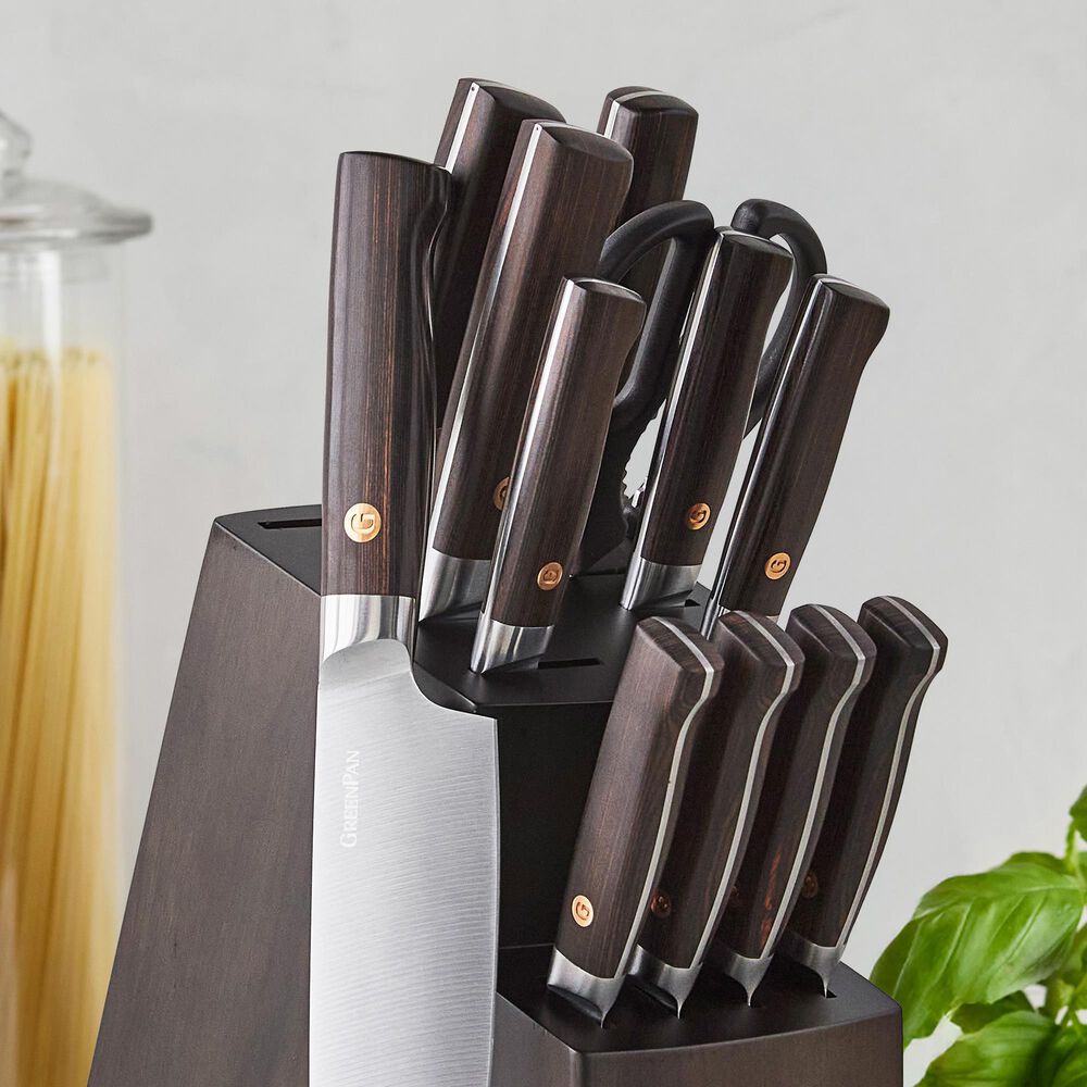 Green Pan Elite 13-Piece Knife Block Set with Light Wood Handles in Stainless Steel, , large
