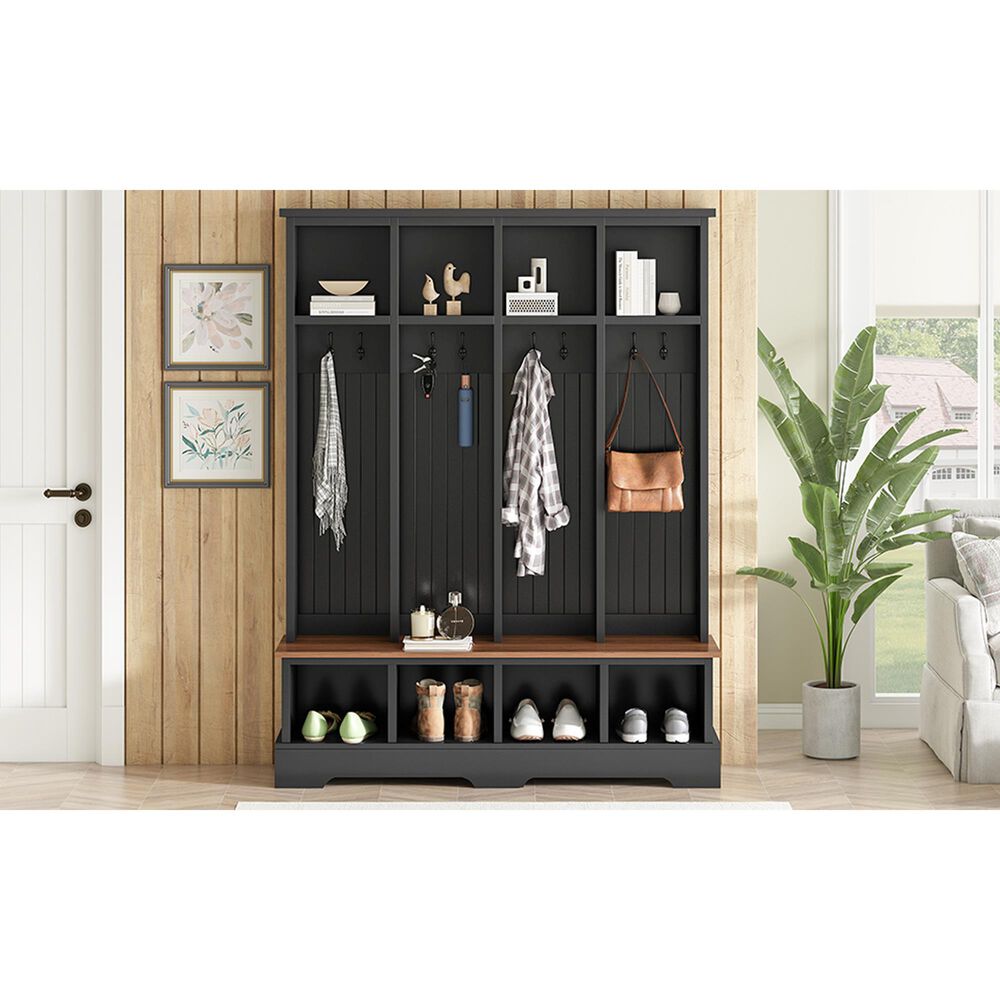 HOMLUX 8-Hook Hall Tree with Entryway Bench in Black and Walnut, , large