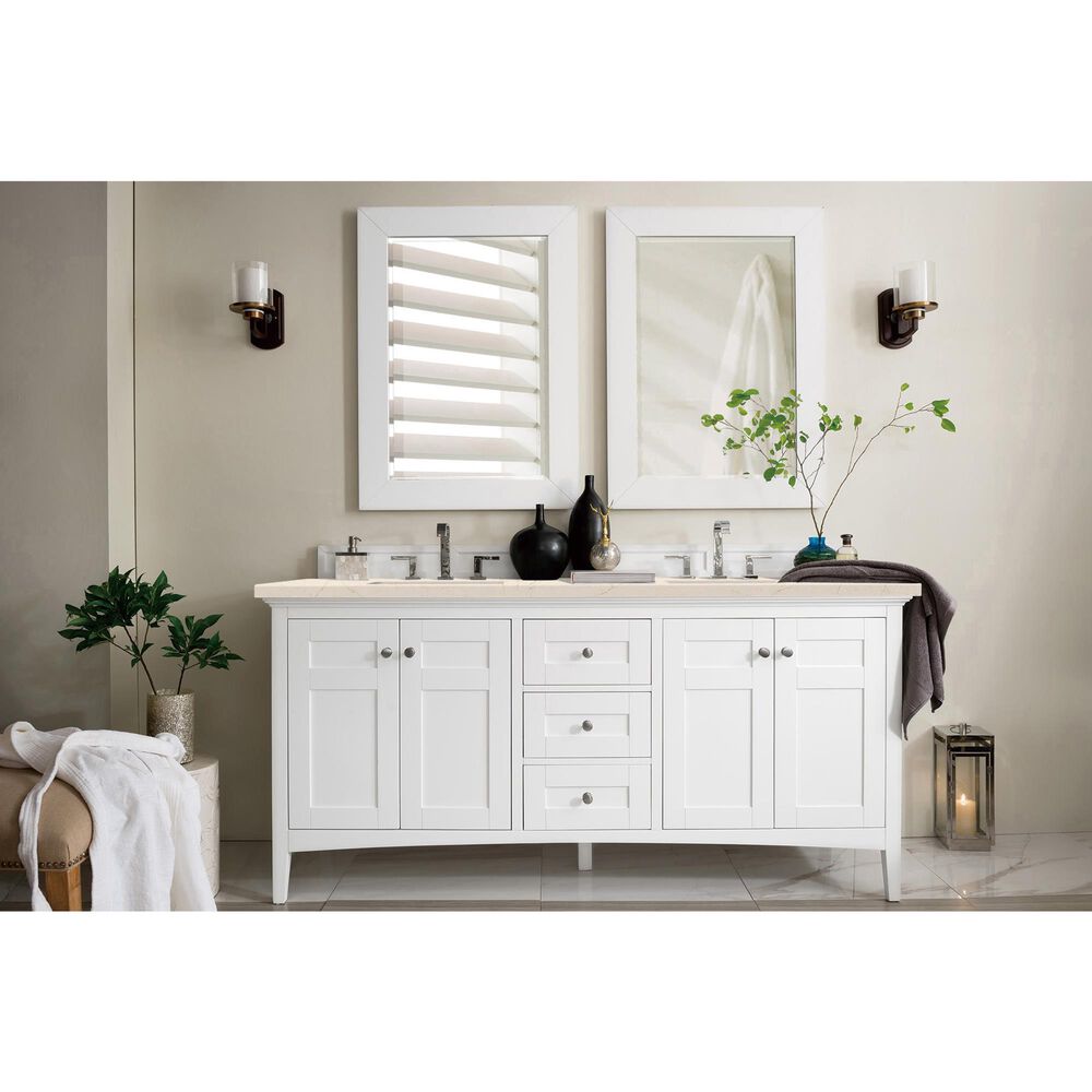 James Martin Vanities Palisades 72&quot; Double Bathroom Vanity in Bright White with 3 cm Eternal Marfil Quartz Top and Rectangular Sinks, , large
