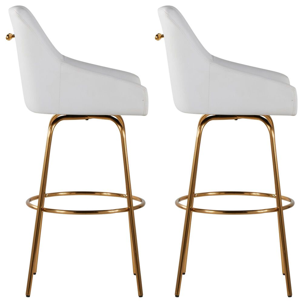 LumiSource Hannah Swivel Bar Stool with White Faux Leather Upholstery in Gold (Set of 2), , large