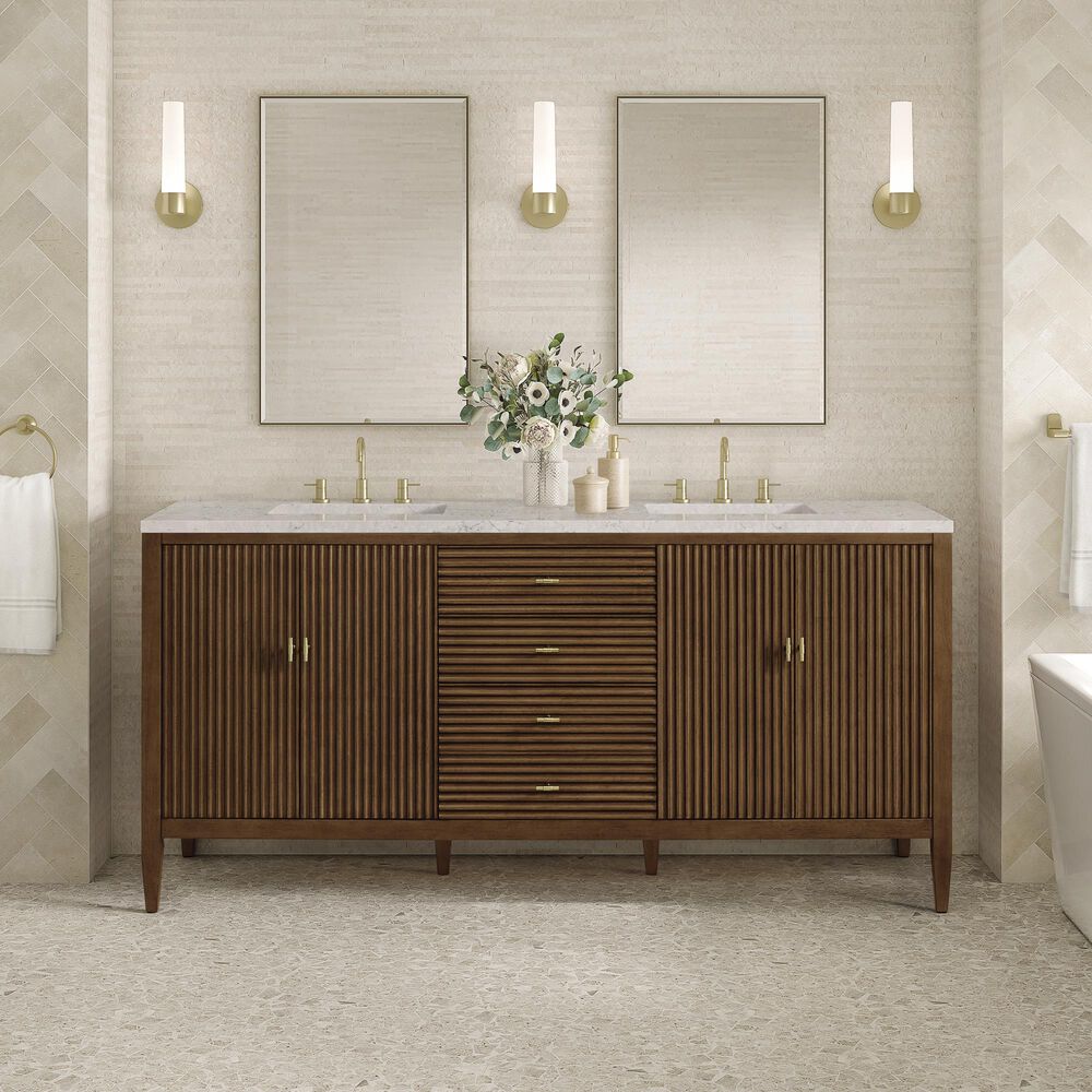 James Martin Vanities Myrrin 72" Double Vanity in Mid-Century Walnut with 3 cm Eternal Jasmine Pearl Quartz Top, , large