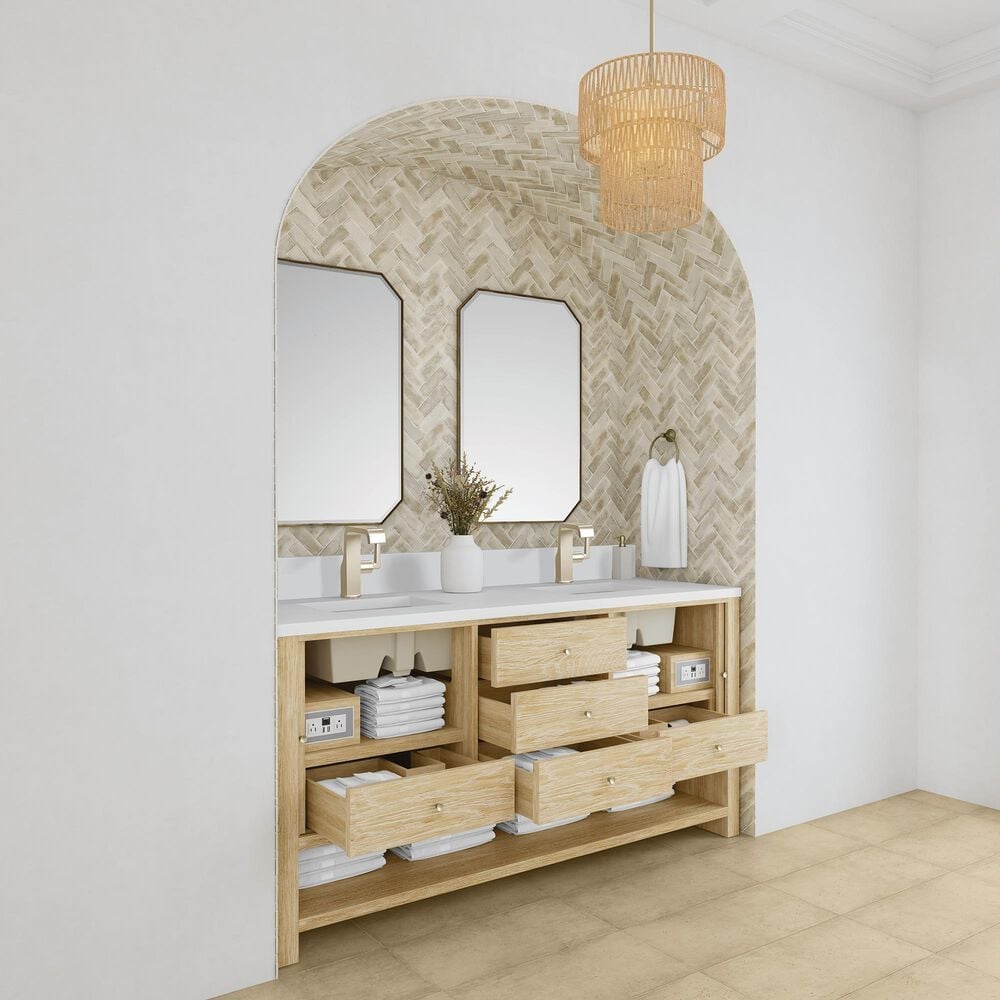 James Martin Vanities Marigot Single 72&quot; Double Vanity in Sun-washed Oak with Single Hole 3 cm White Zeus Quartz Top &amp; Backsplash, , large
