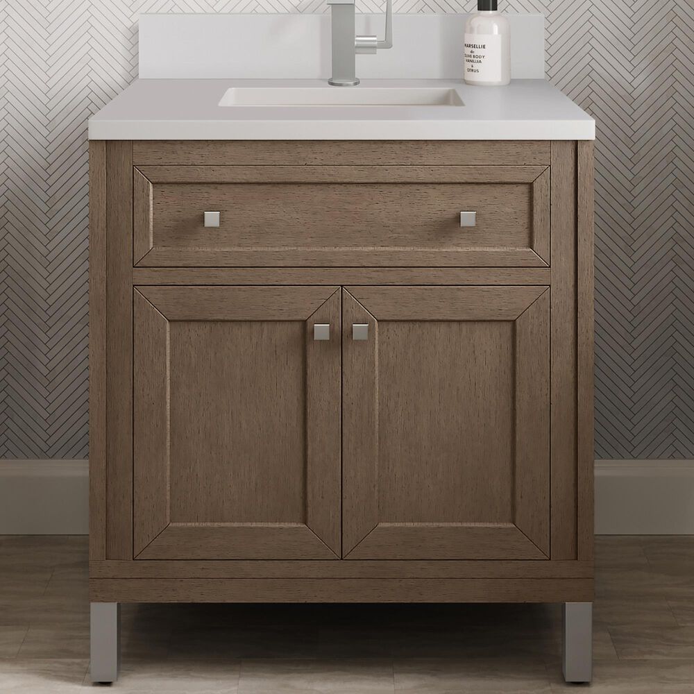 James Martin Vanities Chicago 30&quot; Single Bathroom Vanity in Whitewashed Walnut with Single Hole 3 cm White Zeus Quartz Top and Rectangular Sink, , large