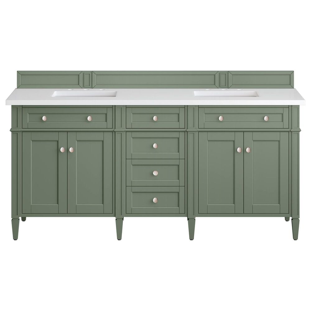James Martin Vanities Brittany 72" Double Bathroom Vanity in Smokey Celadon with Single Hole 3 cm White Zeus Quartz Top and Rectangular Sinks, , large