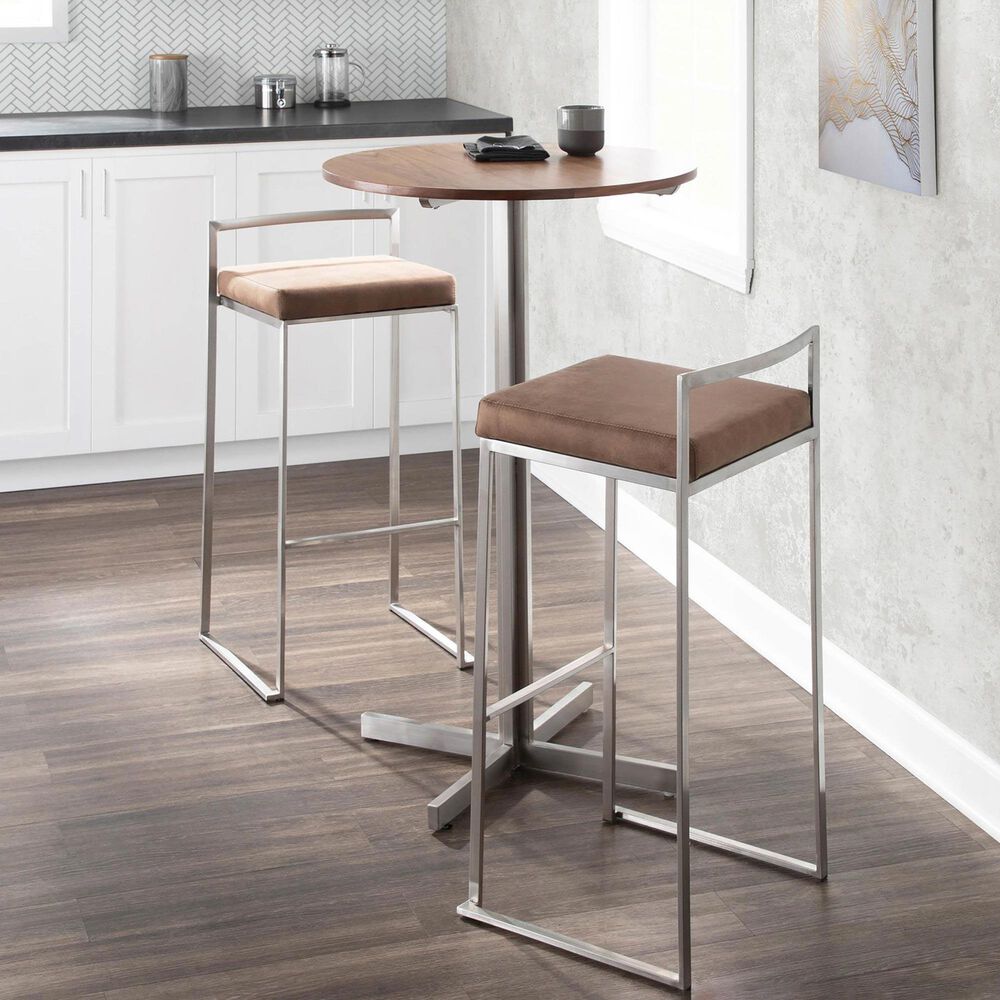 LumiSource Fuji 30" Stacker Bar Stool with Brown Cowboy Upholstery in Stainless Steel (Set of 2), , large