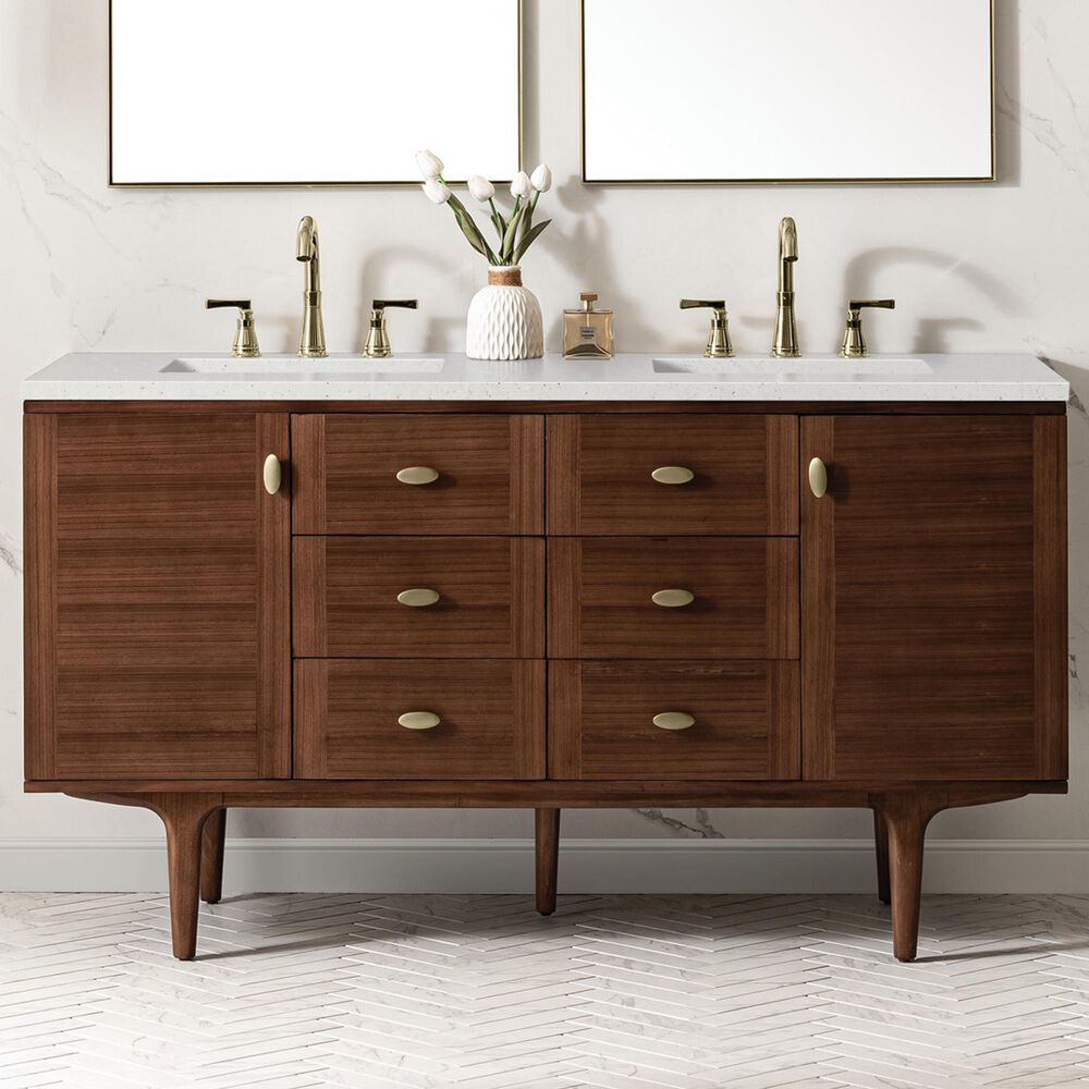 James Martin Vanities Amberly 60&quot; Double Bathroom Vanity in Mid-Century Walnut with 3 cm Lime Delight Quartz Top and Rectangular Sinks, , large