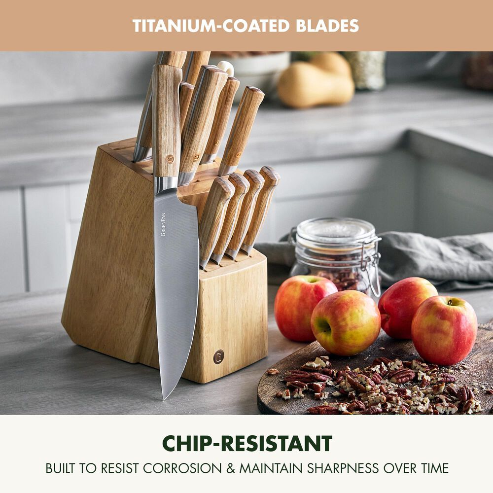Green Pan Elite 13-Piece Knife Block Set with Light Wood Handles in Stainless Steel, , large