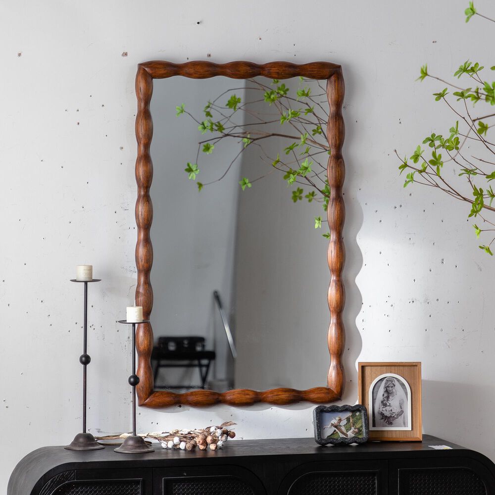 Hearth and Haven Rectangular Wall Mirror with Wood Frame in Natural Wood, , large