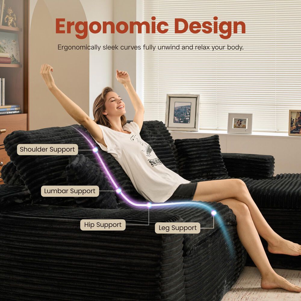 HOMLUX 105.5" Zero Assembly Sofa with Ergonomic Chaise Sectional in Black, , large