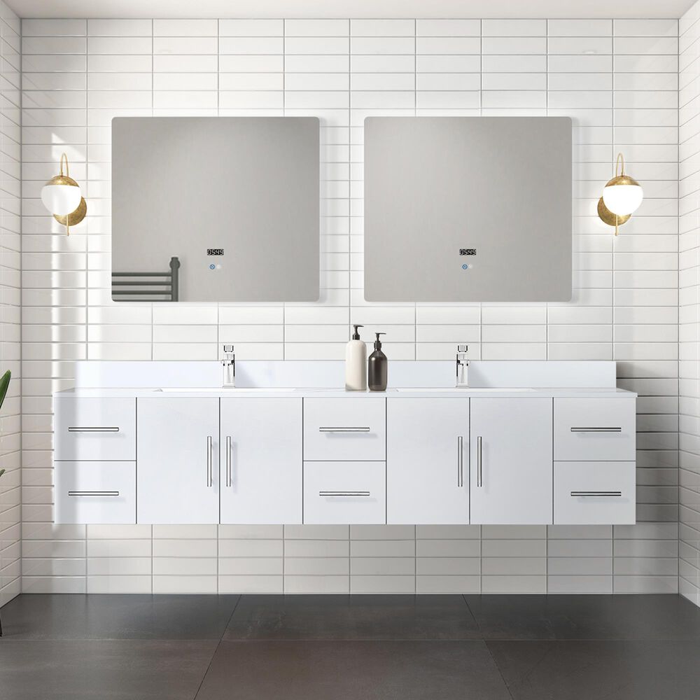 Lexora Home Geneva 84&quot; Double Bathroom Vanity in Glossy White with 2 cm White Quartz Top and Rectangular Sinks, , large