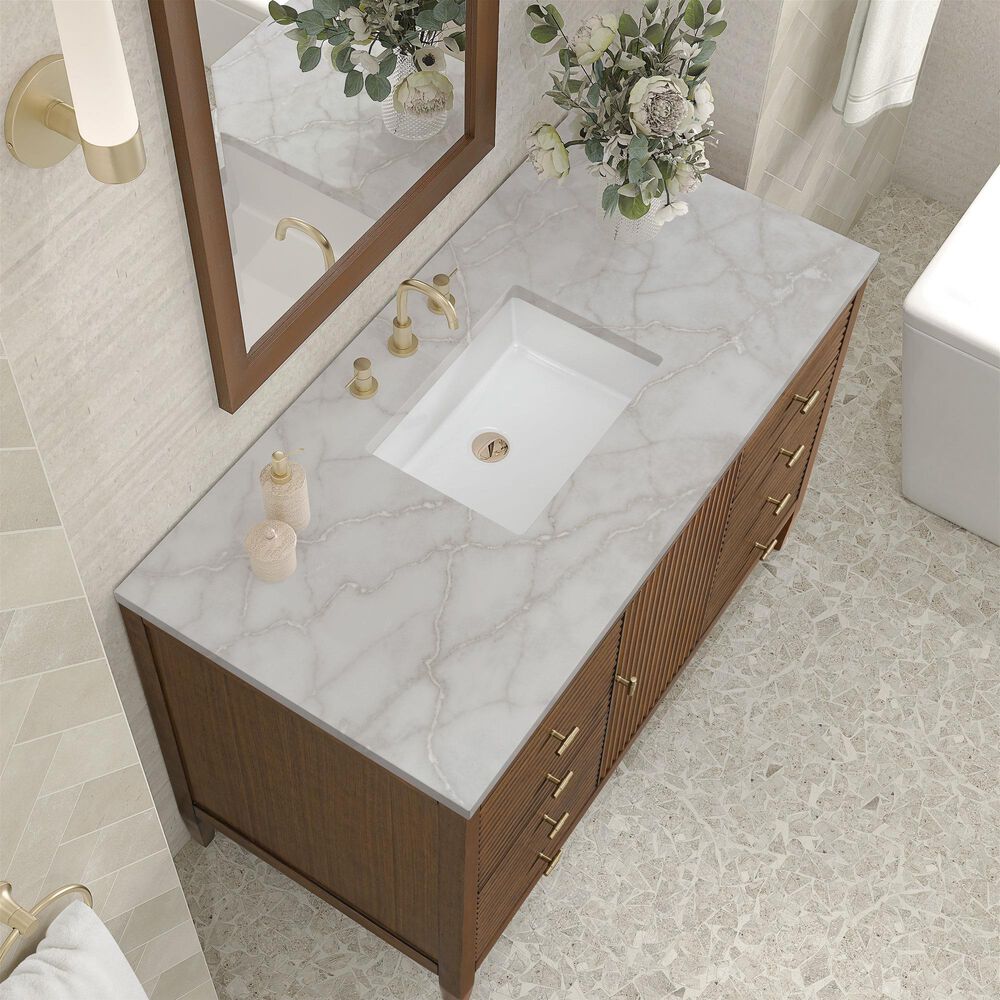 James Martin Vanities Myrrin 48" Single Bathroom Vanity in Mid-Century Walnut with 3 cm Eternal Jasmine Pearl Silestone Top, Rectangular Sink and FreePower Wireless Charger, , large