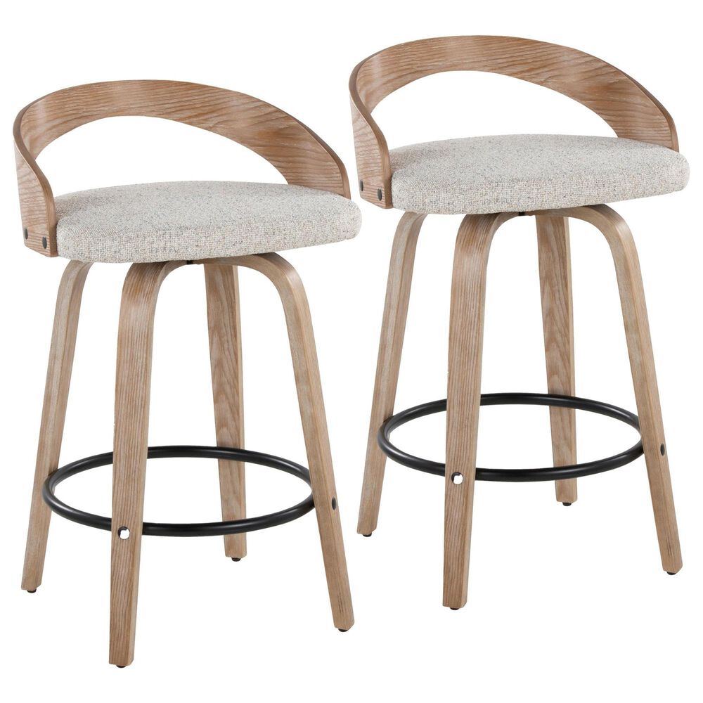 LumiSource Grotto 26" Swivel Counter Stool with Oat Fabric Upholstery in Whitewashed and Black (Set of 2), , large