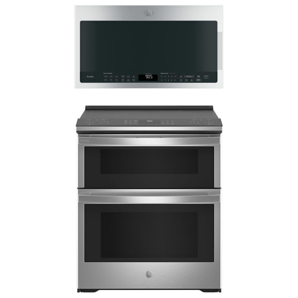 GE Profile 2-Piece Kitchen Package with 30" Smart Slide-in Electric Double Oven Range and 2.1 Cu. Ft. Over-the-Range Sensor Microwave Oven in Stainless Steel, , large