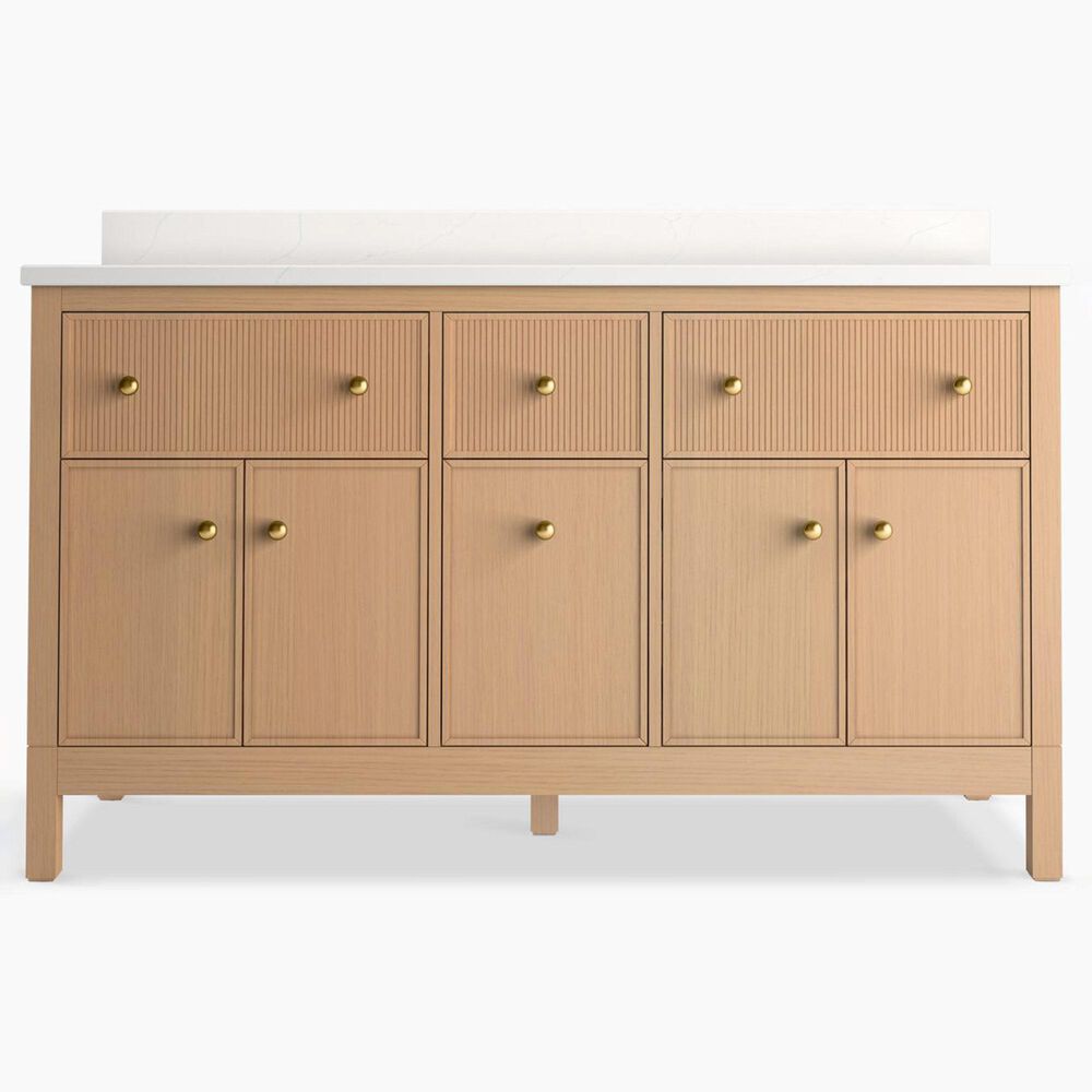 Kohler Malin 60" Double Bathroom Vanity in White Oak with 3 cm White Quartz Top and Rectangular Sinks, , large
