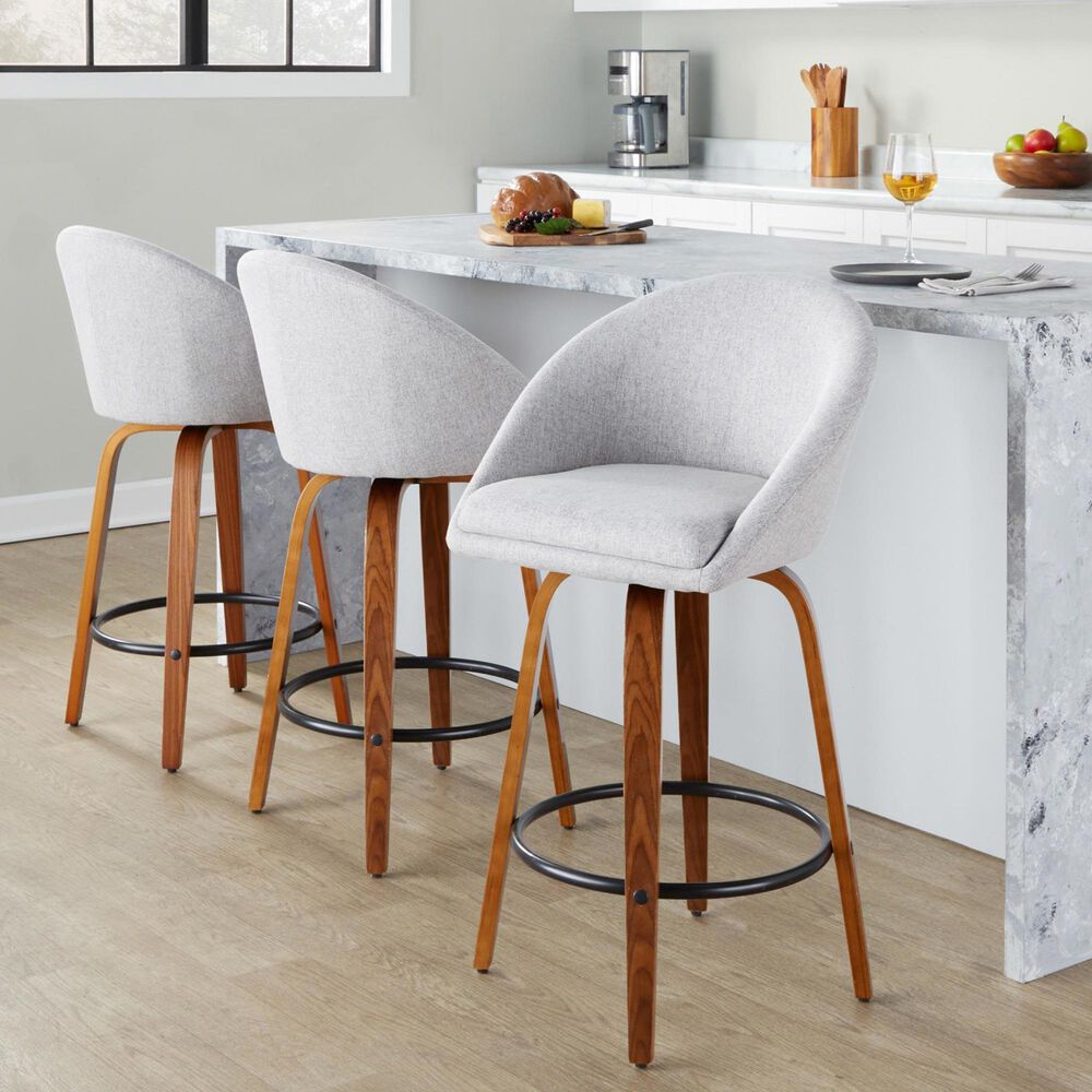 LumiSource Matisse 26" Swivel Counter Stool with Grey Fabric Upholstery in Walnut and Black (Set of 2), , large