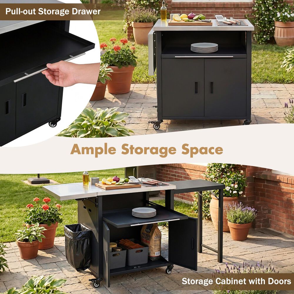 Hearth and Haven Outdoor Kitchen Island Cart with Dual Expandable Stainless Steel Tabletops in Black, , large