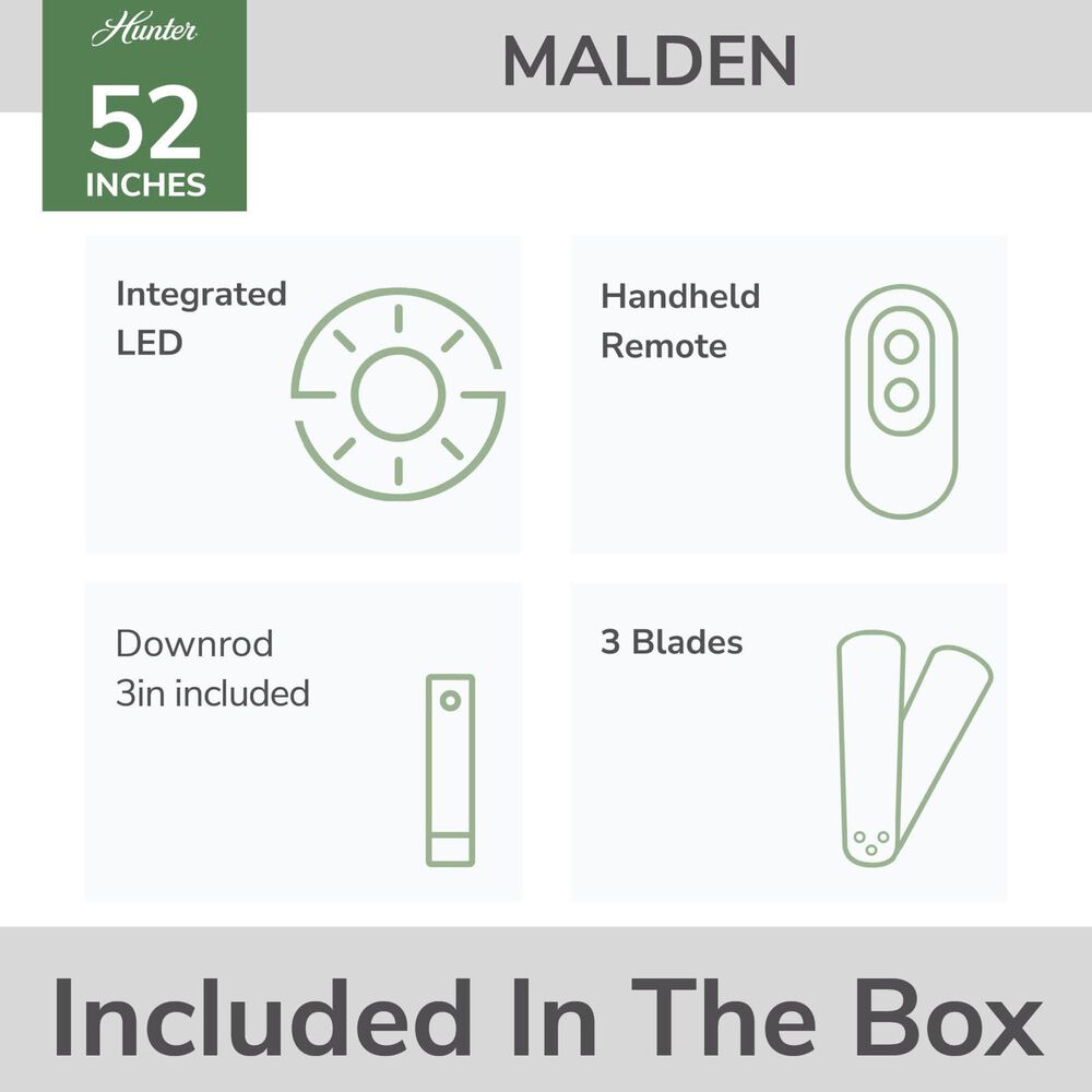 Hunter 52&quot; Malden Matte Black Ceiling Fan with LED Light Kit and Handheld Remote, , large