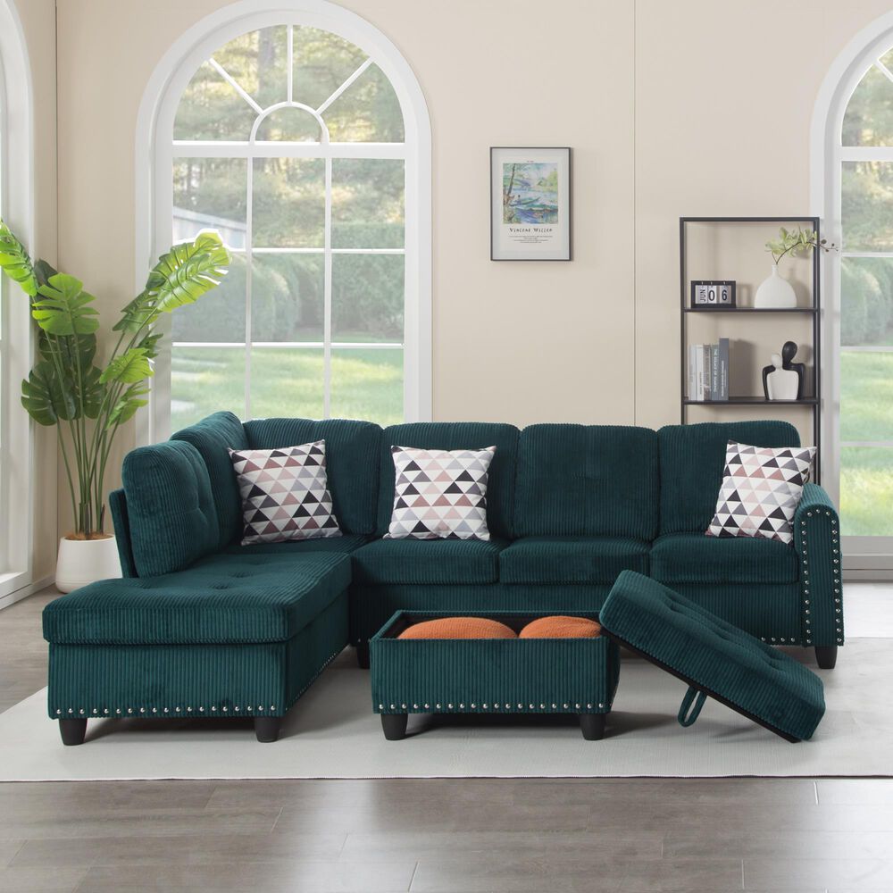 HOMLUX 94.49" L-Shaped Modular Sectional Sofa with Storage Ottoman and Cup Holders in Green, , large