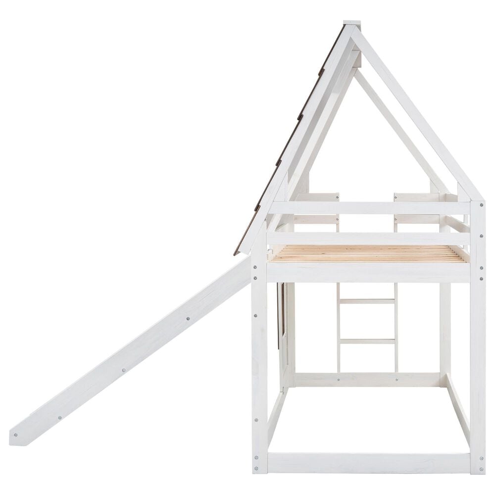 Hearth and Haven Twin over Twin House Bunk Bed with Roof in White and Brown, , large