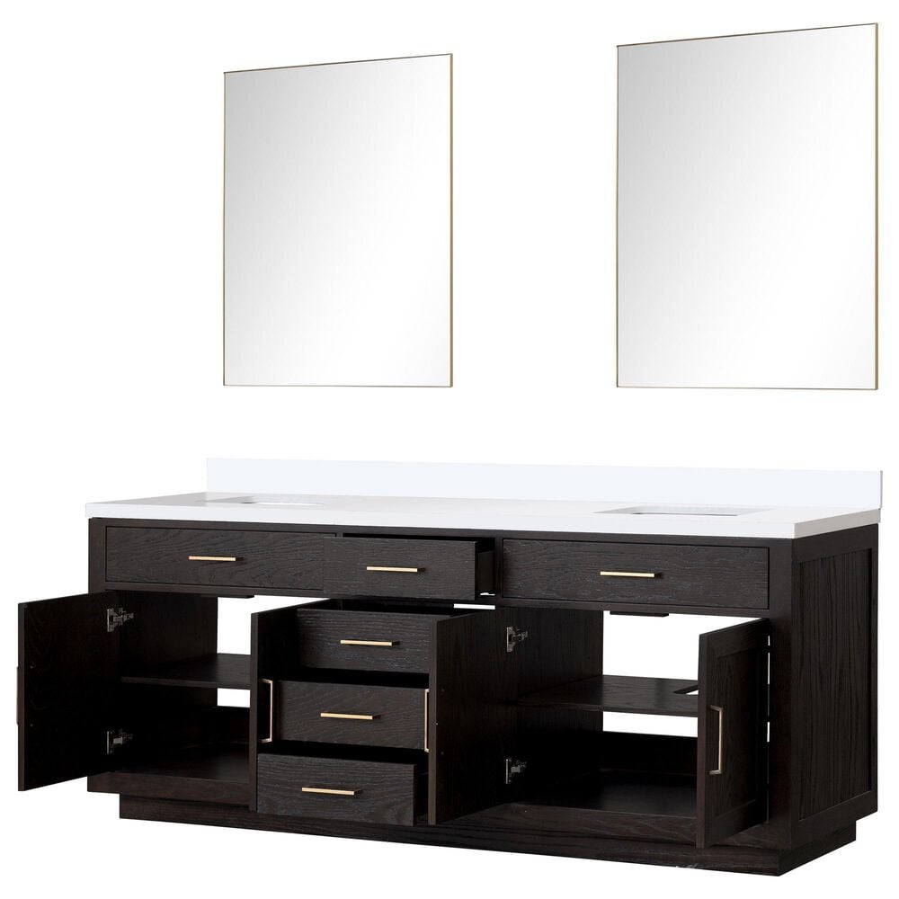 Lexora Home Abbey 84&quot; Double Bathroom Vanity in White Oak with 2 cm White Quartz Top, Rectangular Sinks and 34&quot; Mirrors, , large