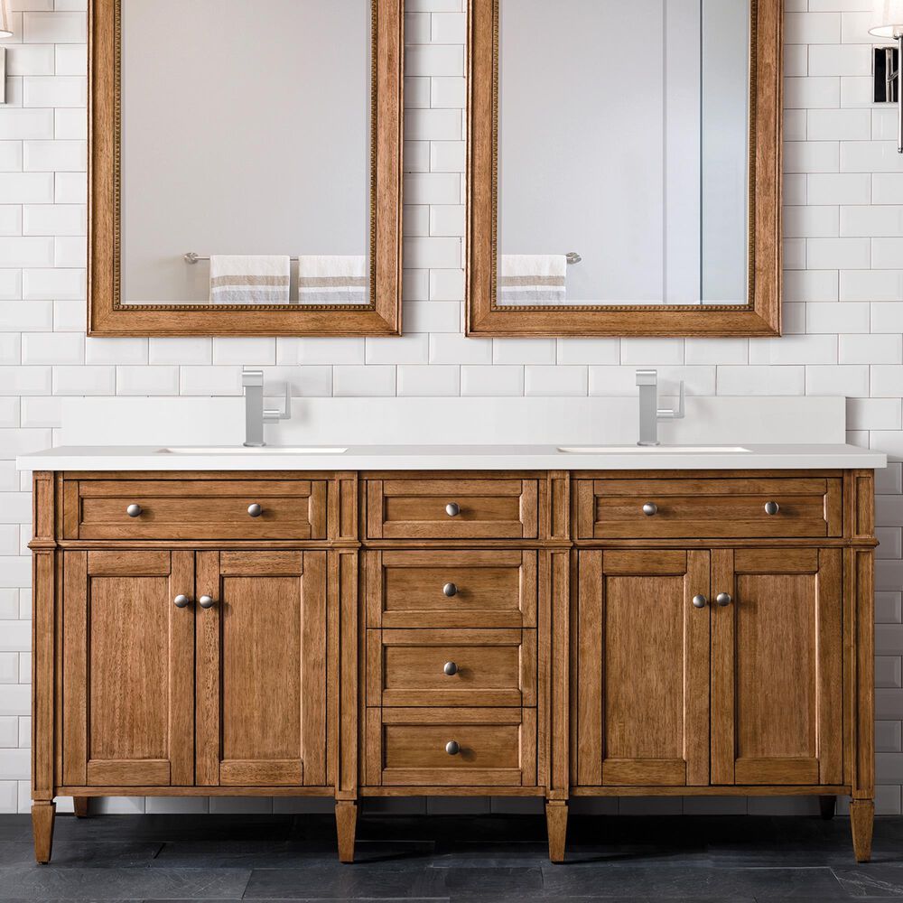 James Martin Vanities Brittany 72&quot; Double Bathroom Vanity in Saddle Brown with Single Hole 3 cm White Zeus Quartz Top and Rectangular Sinks, , large
