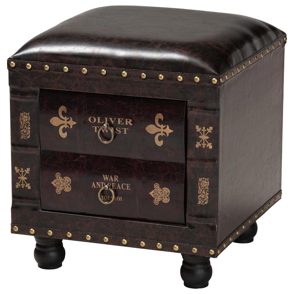 Baxton Studio Charlier Storage Ottoman with Book Spine Drawer in Dark Brown, , large