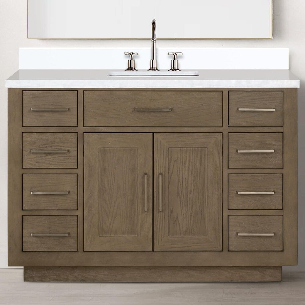 Lexora Home Abbey 48&quot; Single Bathroom Vanity in Grey Oak with 2 cm White Quartz Top and Rectangular Sink, , large