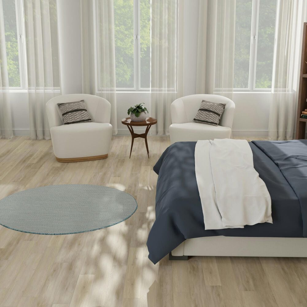 Nourison Courtyard Ivory and Aqua 4&#39; Round Indoor/Outdoor Area Rug, , large