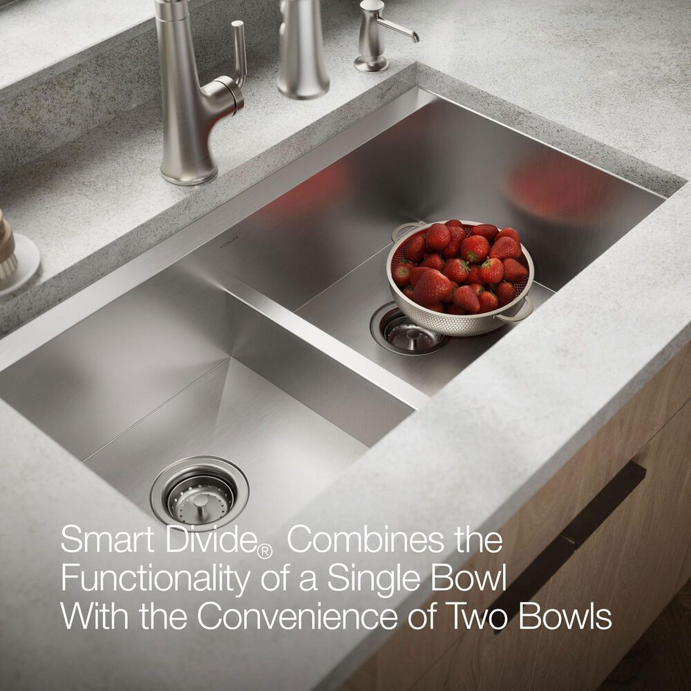 Kohler Task Smart Divide 33" Undermount Double-Bowl Workstation Kitchen Sink in Stainless Steel, , large