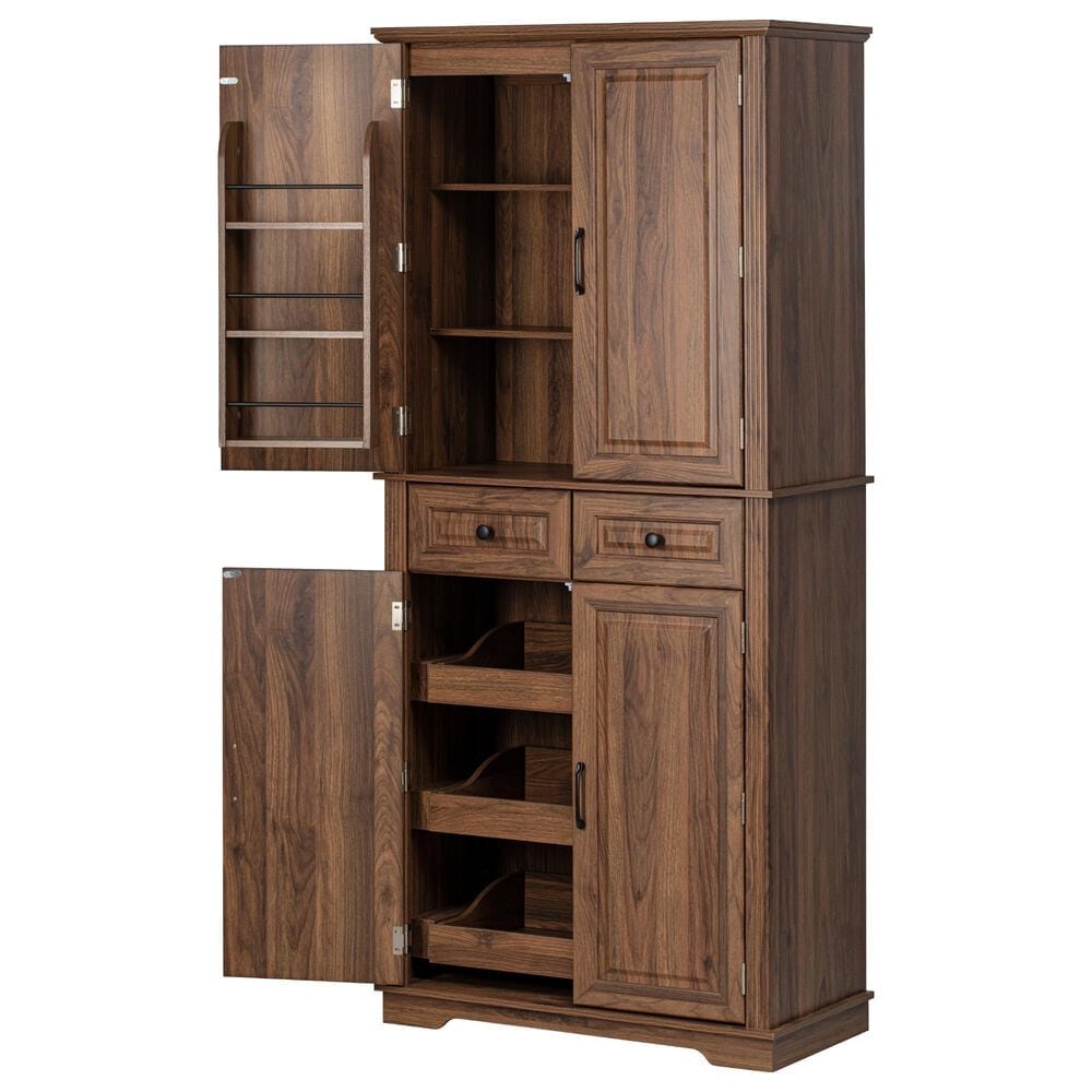 HOMLUX 71" Tall Kitchen Pantry Cabinet with 3 Pull Out Cabinet Organizers in Brown, , large