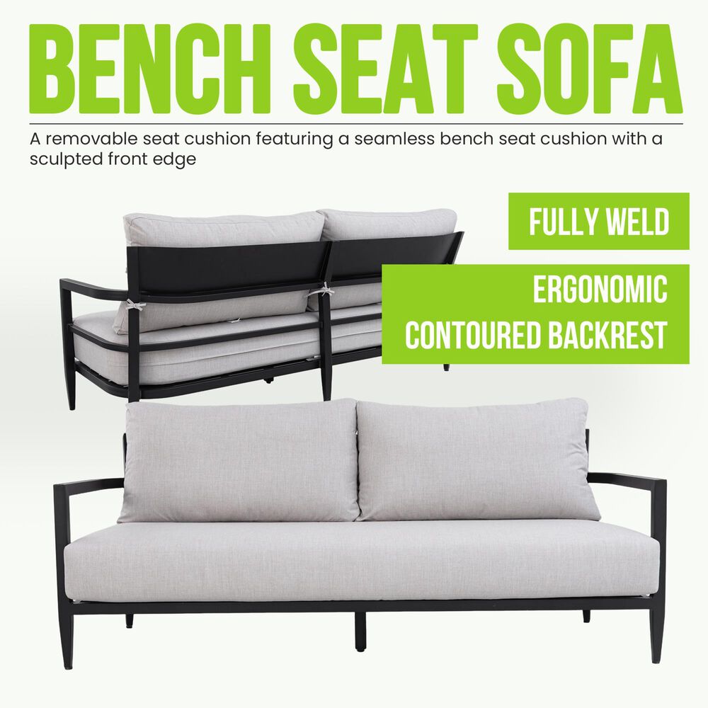 Hearth and Haven Modern Outdoor Bench Sofa with Cast Silver Cushion in Ember Black, , large