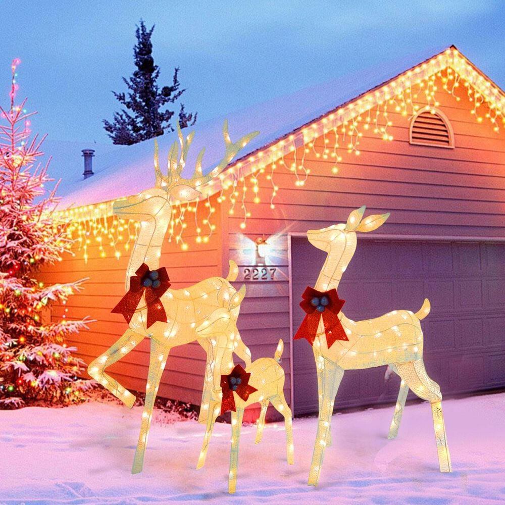 HOMLUX 3-Piece Cotton Rope Reindeer with LED Lights in White, , large