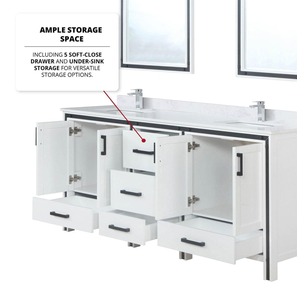 Lexora Home Ziva 72&quot; Double Bathroom Vanity in White with 2 cm White Quartz Top and Rectangular Sinks, , large