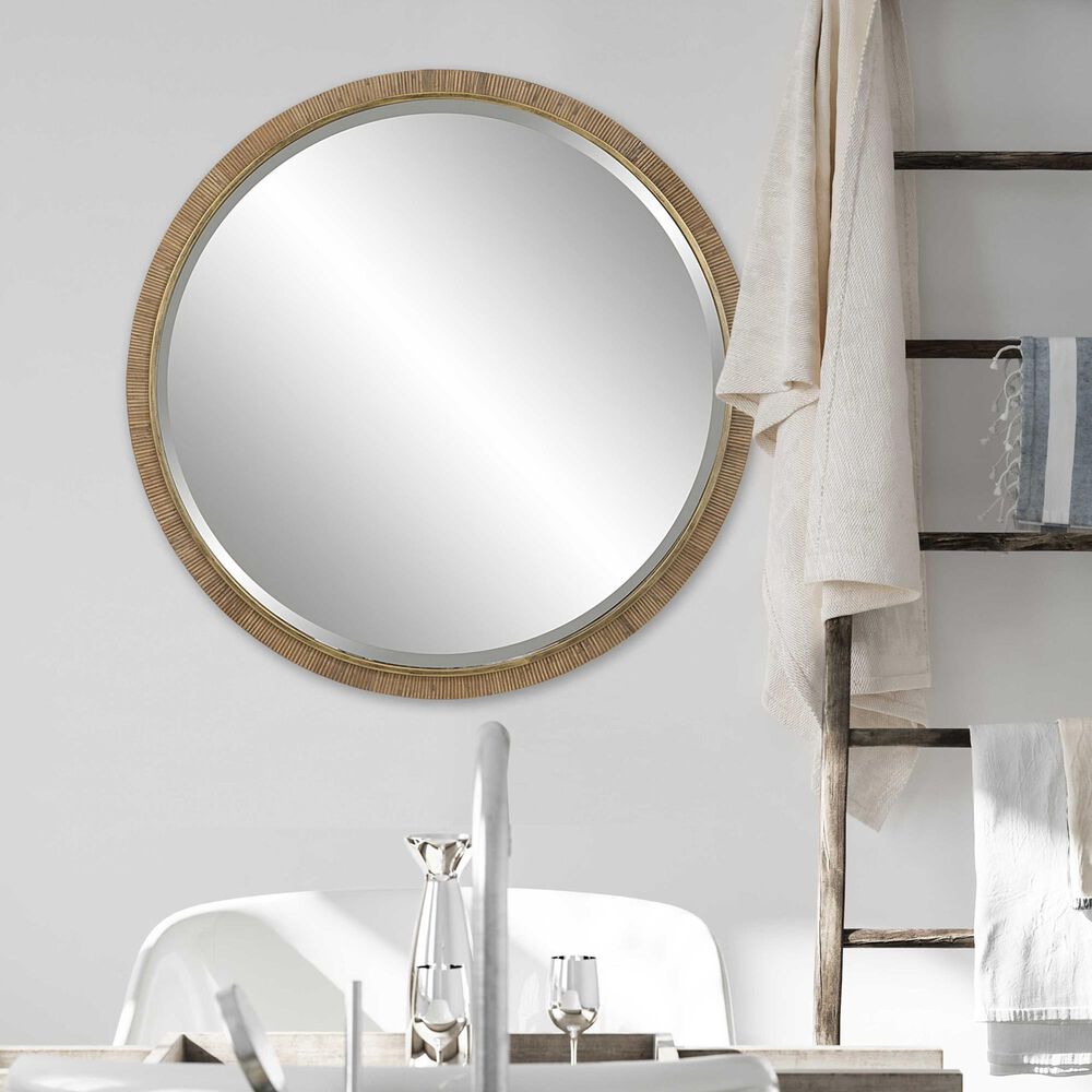 Uttermost Paradise Round Vanity Mirror in Antiqued Gold Leaf and Brown, , large