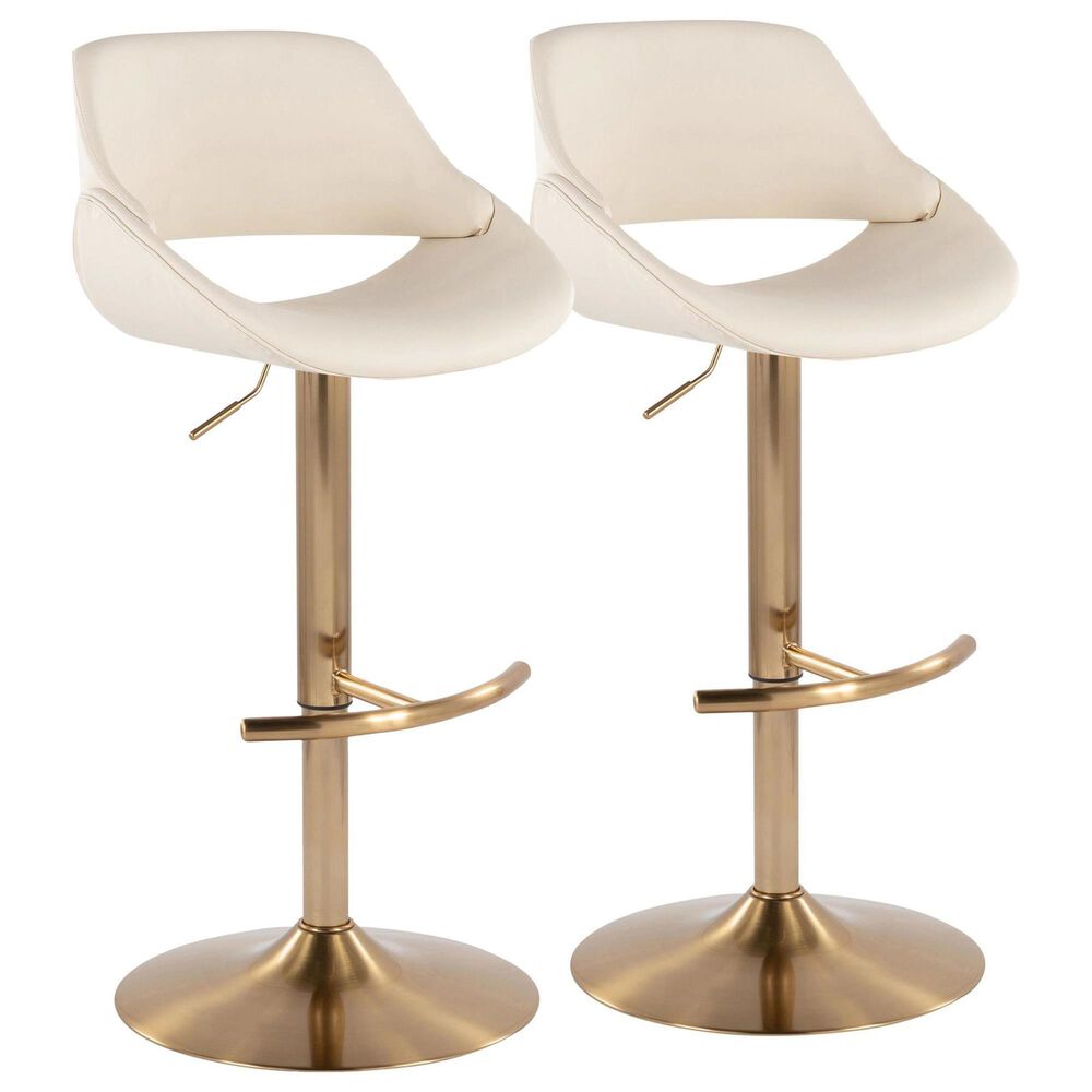 LumiSource Fabrico Swivel Adjustable Bar Stool with Cream Faux Leather Upholstery and Rounded T Footrest in Gold (Set of 2), , large