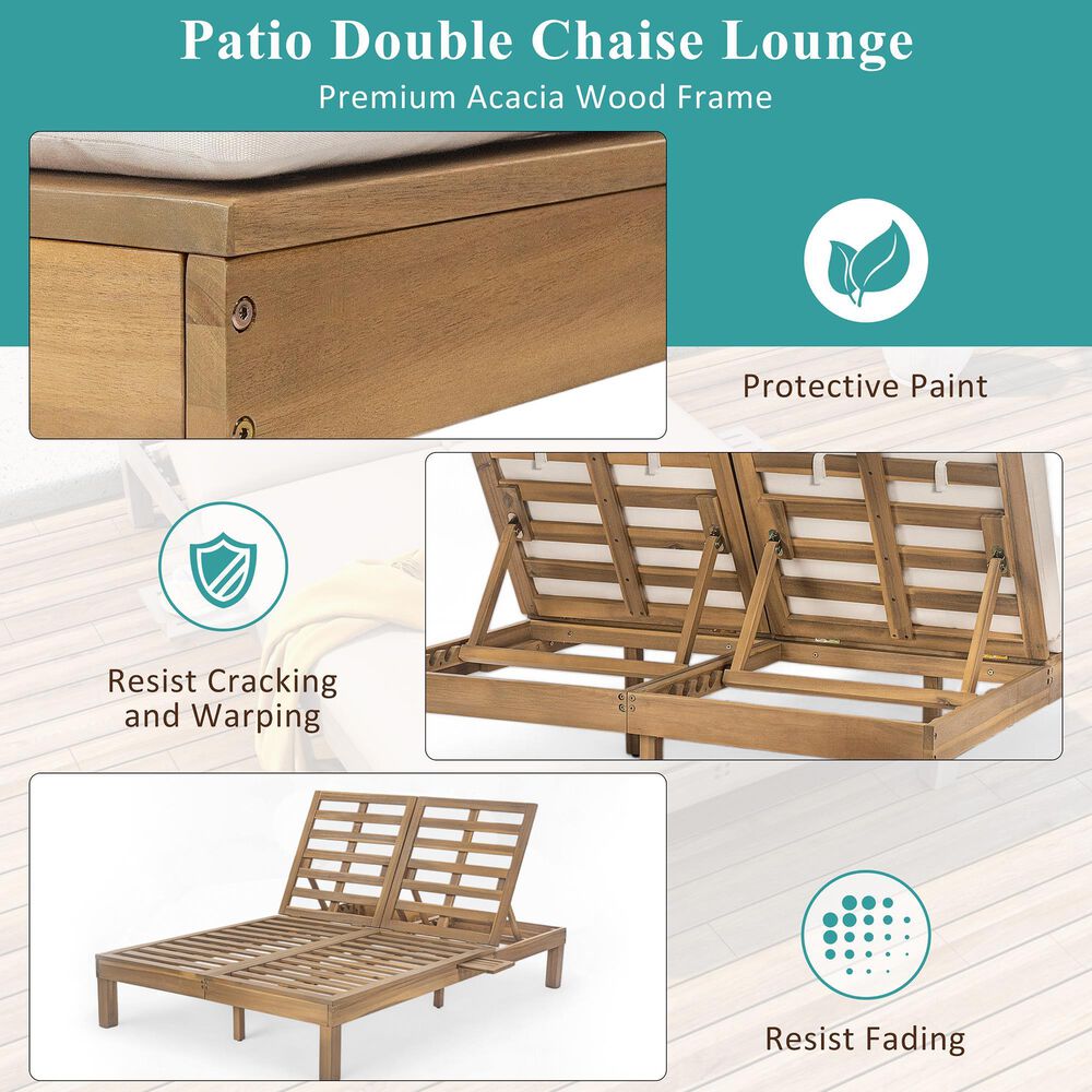 HOMLUX Patio 2-Person Chaise Lounge with Folding Side Tables and Light Teak Frame in Beige, , large