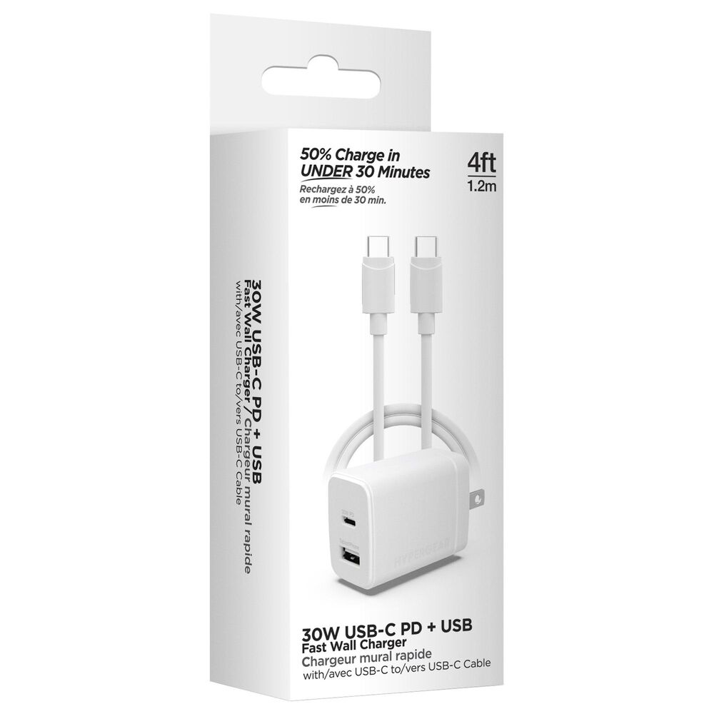 Hypercel 30W PD Dual Wall Charger + USB-C to USB-C Cable in White, , large