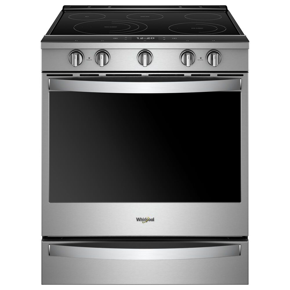 Whirlpool 2-Piece Kitchen Package with 6.4 Cu. Ft. Smart Slide-In Electric Range and 1.1 Cu. Ft. Over-the-Range Microwave in Fingerprint Resistant Stainless Steel, , large