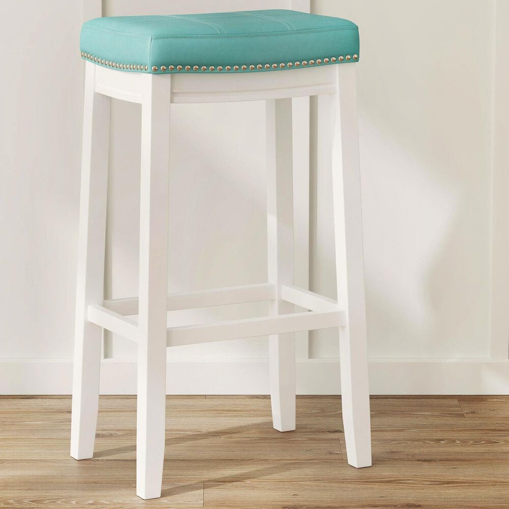 Linon Home Decor Claridge Bar Stool with Teal Cushion in Bright White, , large